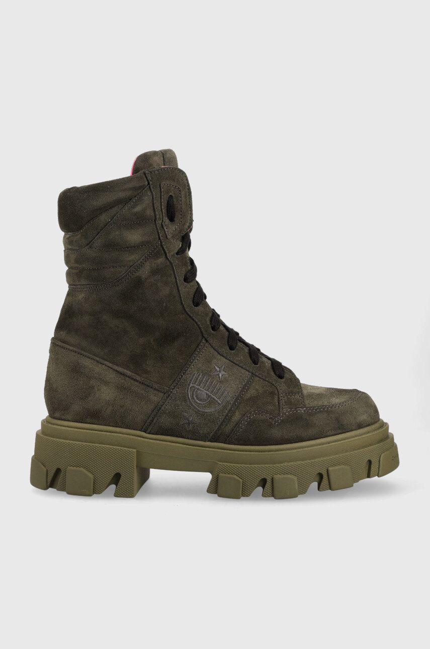 Chiara Ferragni bocanci din piele intoarsa Cf1 femei, culoarea verde, cu platforma Chiara Ferragni bocanci din piele intoarsa Cf1 femei, culoarea verde, cu platforma