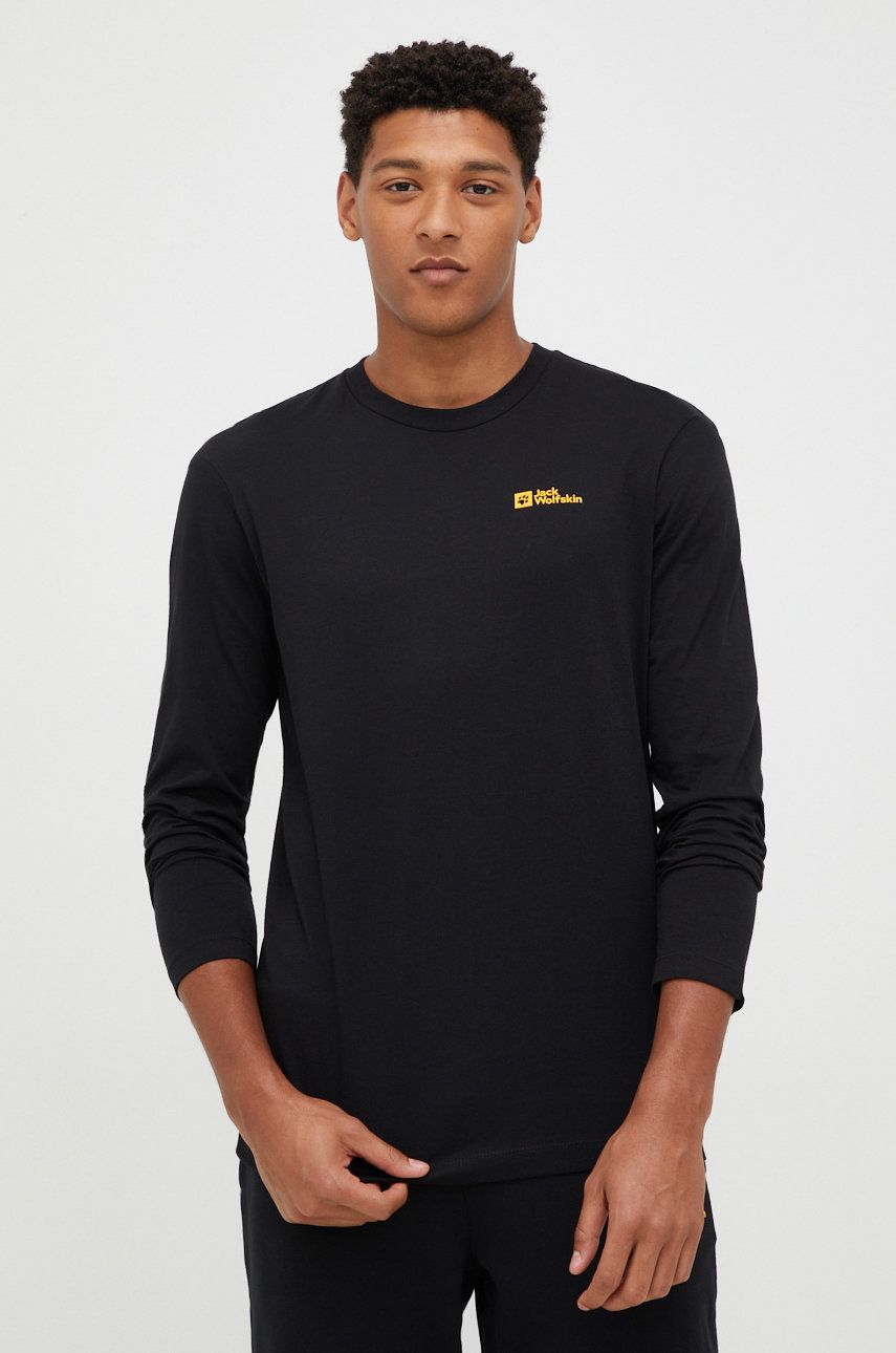Jack Wolfskin longsleeve din bumbac Essential culoarea negru, neted Jack Wolfskin longsleeve din bumbac Essential culoarea negru, neted