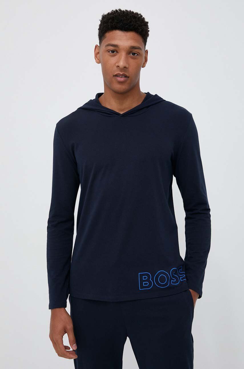 BOSS bluză lounge culoarea albastru marin, cu glugă, cu imprimeu BOSS bluză lounge culoarea albastru marin, cu glugă, cu imprimeu