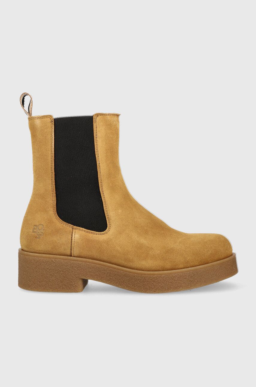 BOSS botine din piele intoarsa Chris femei, culoarea bej, cu toc plat BOSS botine din piele intoarsa Chris femei, culoarea bej, cu toc plat