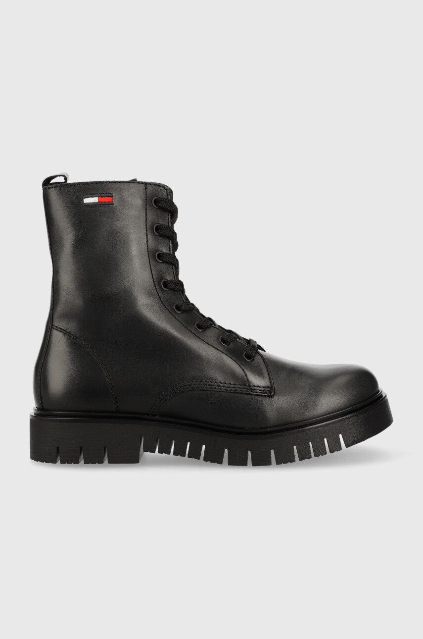 Tommy Jeans bocanci de piele Tommy Jeans Lace Up Wmns Boot femei, culoarea negru, cu toc plat Tommy Jeans bocanci de piele Tommy Jeans Lace Up Wmns Boot femei, culoarea negru, cu toc plat