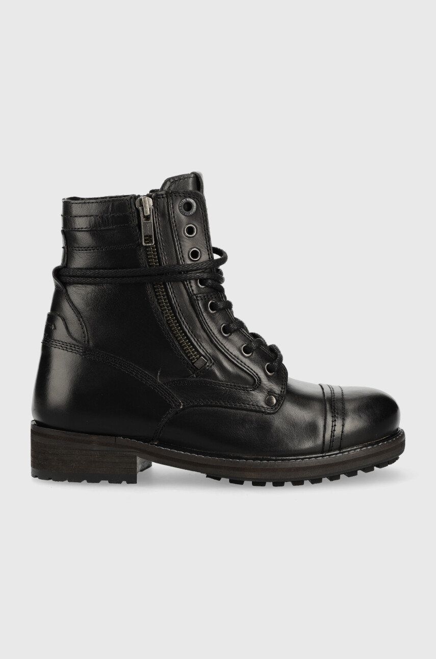 Pepe Jeans cizme de piele Melting Combat Warm W femei, culoarea negru, cu toc plat Pepe Jeans cizme de piele Melting Combat Warm W femei, culoarea negru, cu toc plat