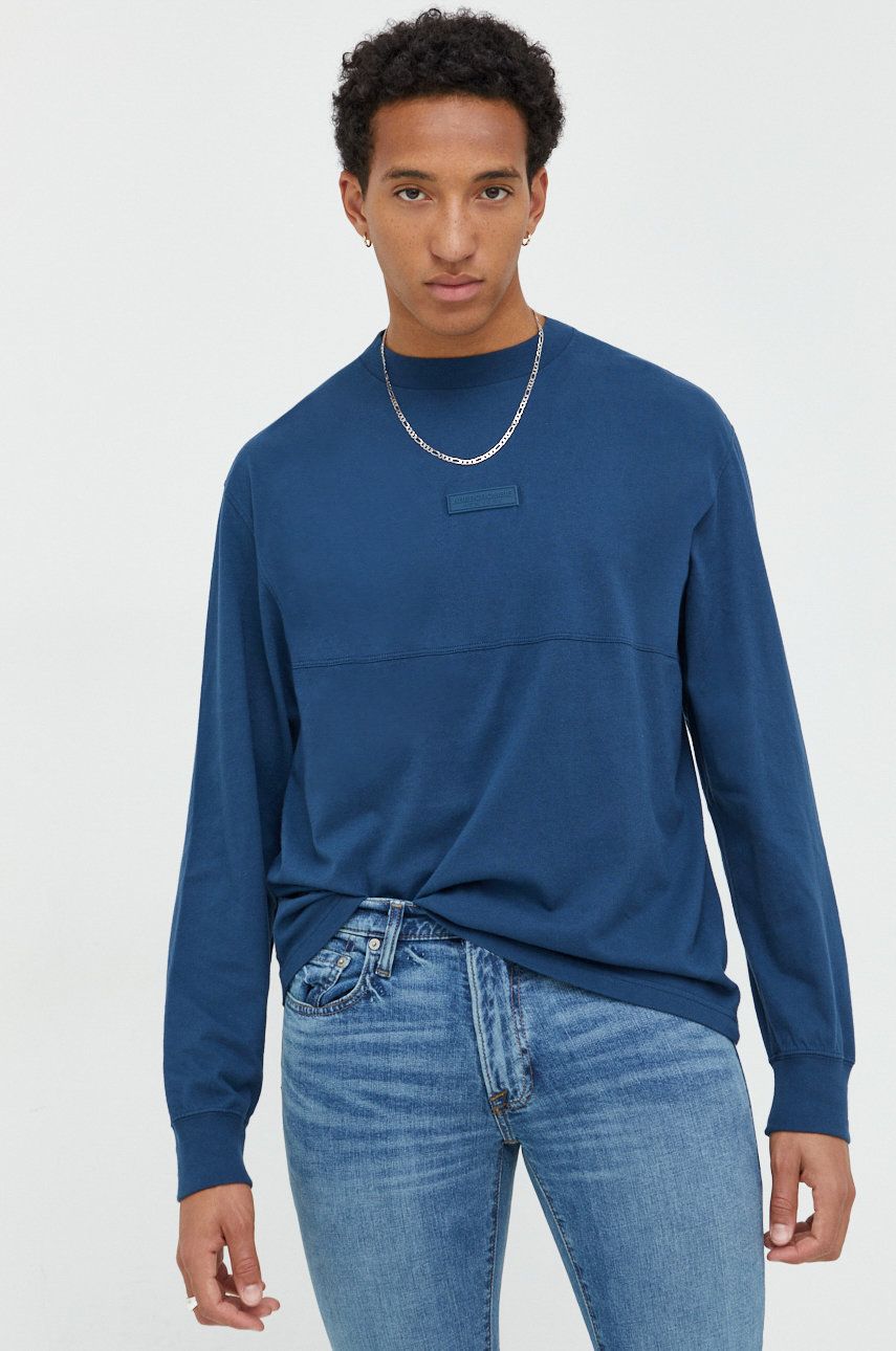 Abercrombie & Fitch longsleeve din bumbac culoarea albastru marin, neted Abercrombie & Fitch longsleeve din bumbac culoarea albastru marin, neted