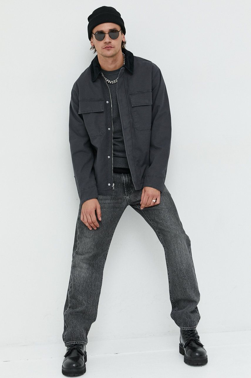 Abercrombie & Fitch geaca barbati, culoarea gri, de tranzitie, oversize Abercrombie & Fitch geaca barbati, culoarea gri, de tranzitie, oversize