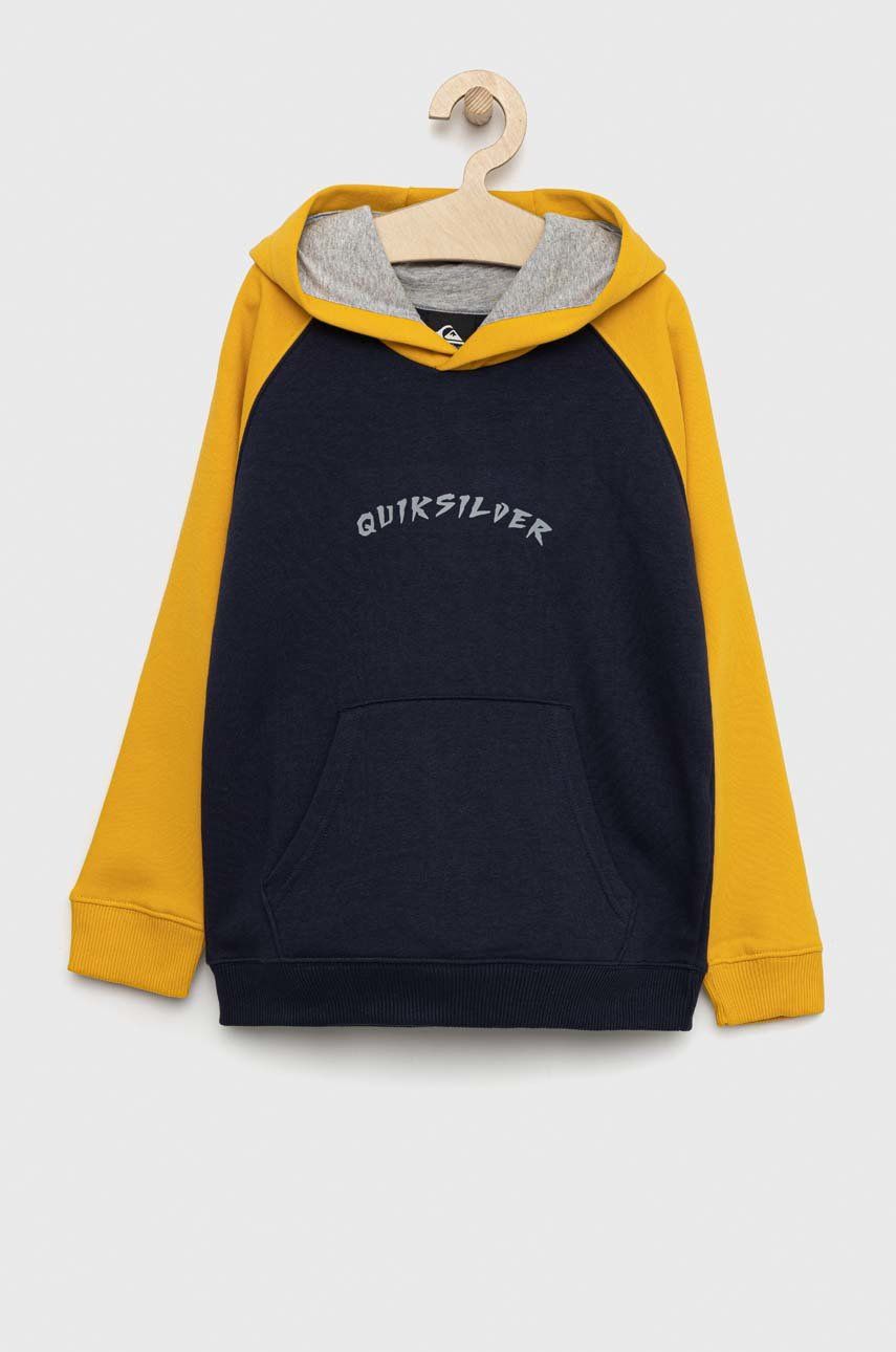Quiksilver bluza copii culoarea albastru marin, cu glugă, cu imprimeu Quiksilver bluza copii culoarea albastru marin, cu glugă, cu imprimeu