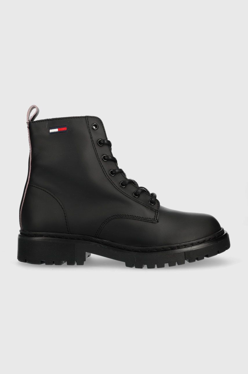 Tommy Jeans botine Tommy Jeans Lace Up Flat Boot femei, culoarea negru, cu toc plat Tommy Jeans botine Tommy Jeans Lace Up Flat Boot femei, culoarea negru, cu toc plat