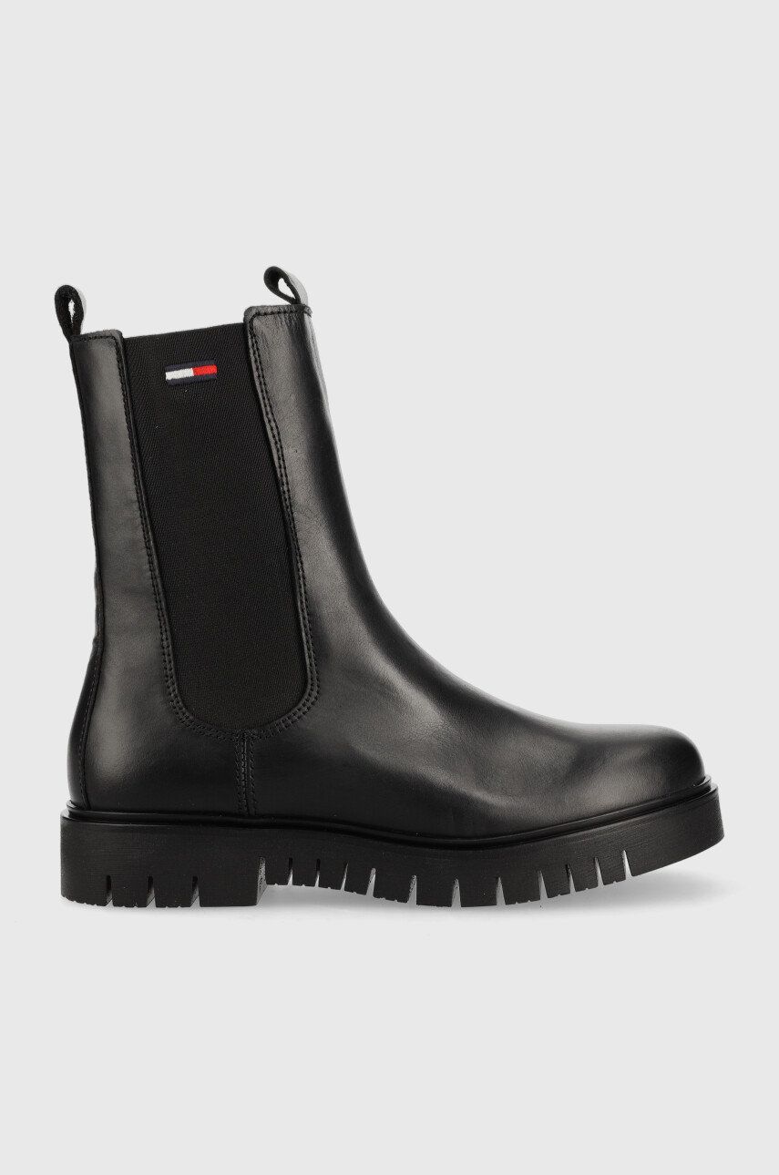 Tommy Jeans ghete chelsea de piele Tommy Jeans Long Chelsea Boot femei, culoarea negru, cu platforma Tommy Jeans ghete chelsea de piele Tommy Jeans Long Chelsea Boot femei, culoarea negru, cu platforma