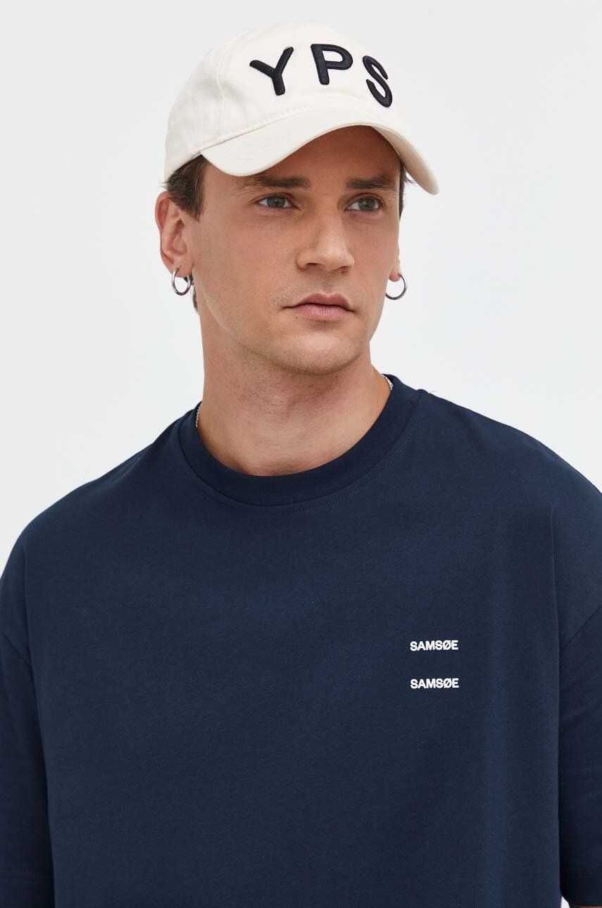 Samsoe Samsoe tricou din bumbac culoarea albastru marin, neted Samsoe Samsoe tricou din bumbac culoarea albastru marin, neted