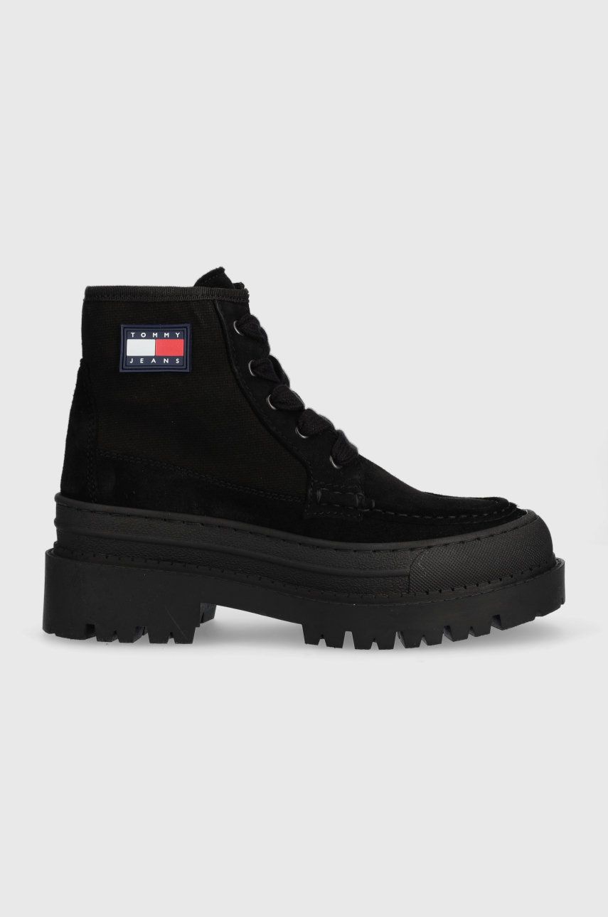 Tommy Jeans bocanci Womens Foxing Lace Up Boot femei, culoarea negru, cu platforma Tommy Jeans bocanci Womens Foxing Lace Up Boot femei, culoarea negru, cu platforma