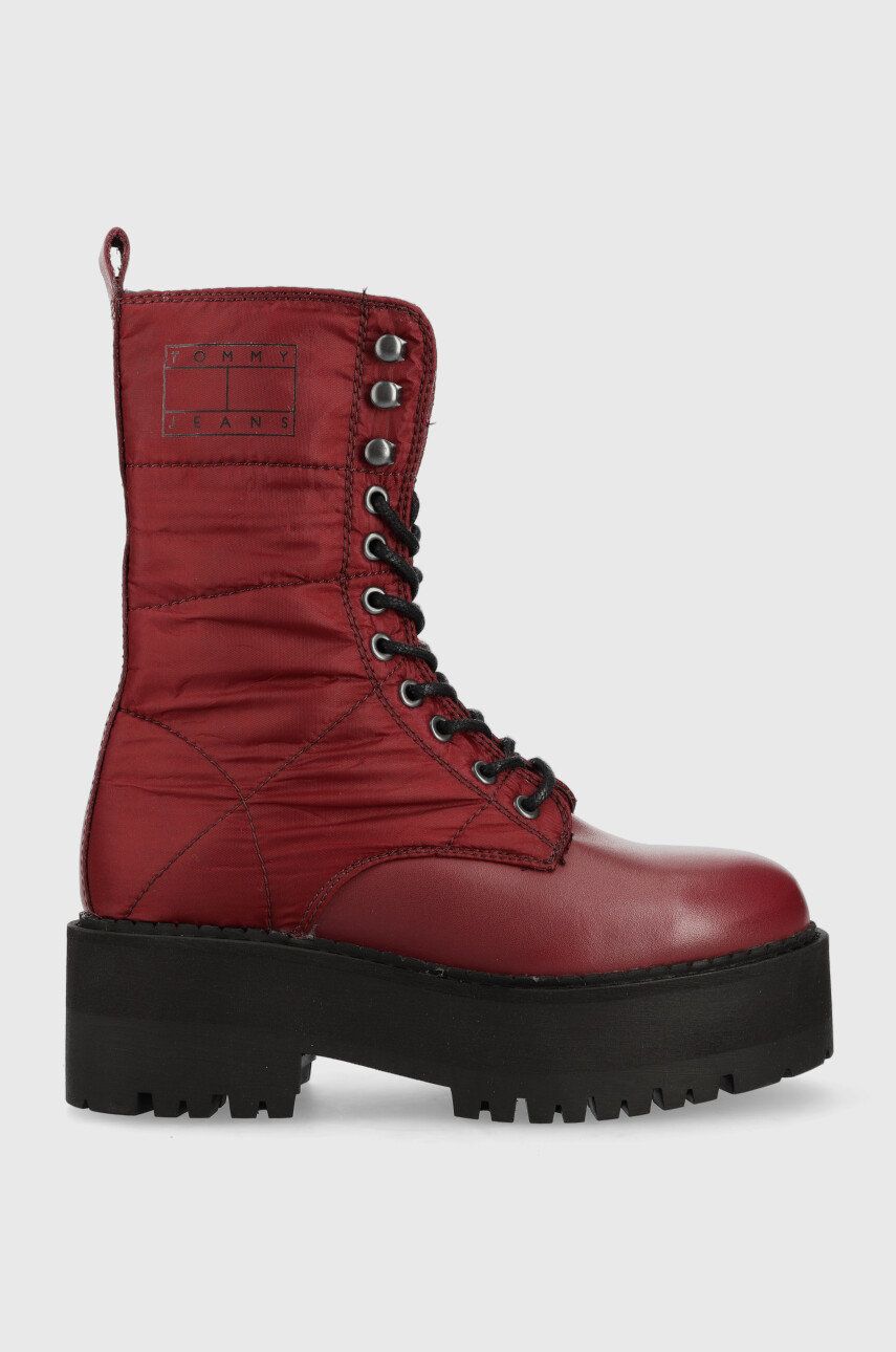 Tommy Jeans bocanci Tommy Jeans Flatform Padded Boot femei, culoarea bordo, cu platforma Tommy Jeans bocanci Tommy Jeans Flatform Padded Boot femei, culoarea bordo, cu platforma