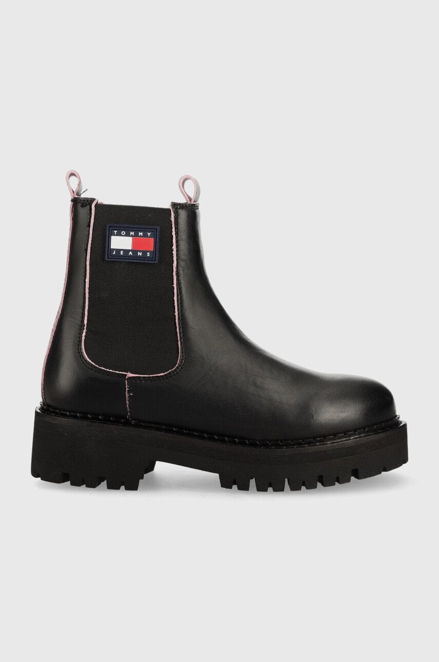 Tommy Jeans ghete chelsea de piele Tommy Jeans Piping Chelsea femei, culoarea negru, cu toc plat Tommy Jeans ghete chelsea de piele Tommy Jeans Piping Chelsea femei, culoarea negru, cu toc plat