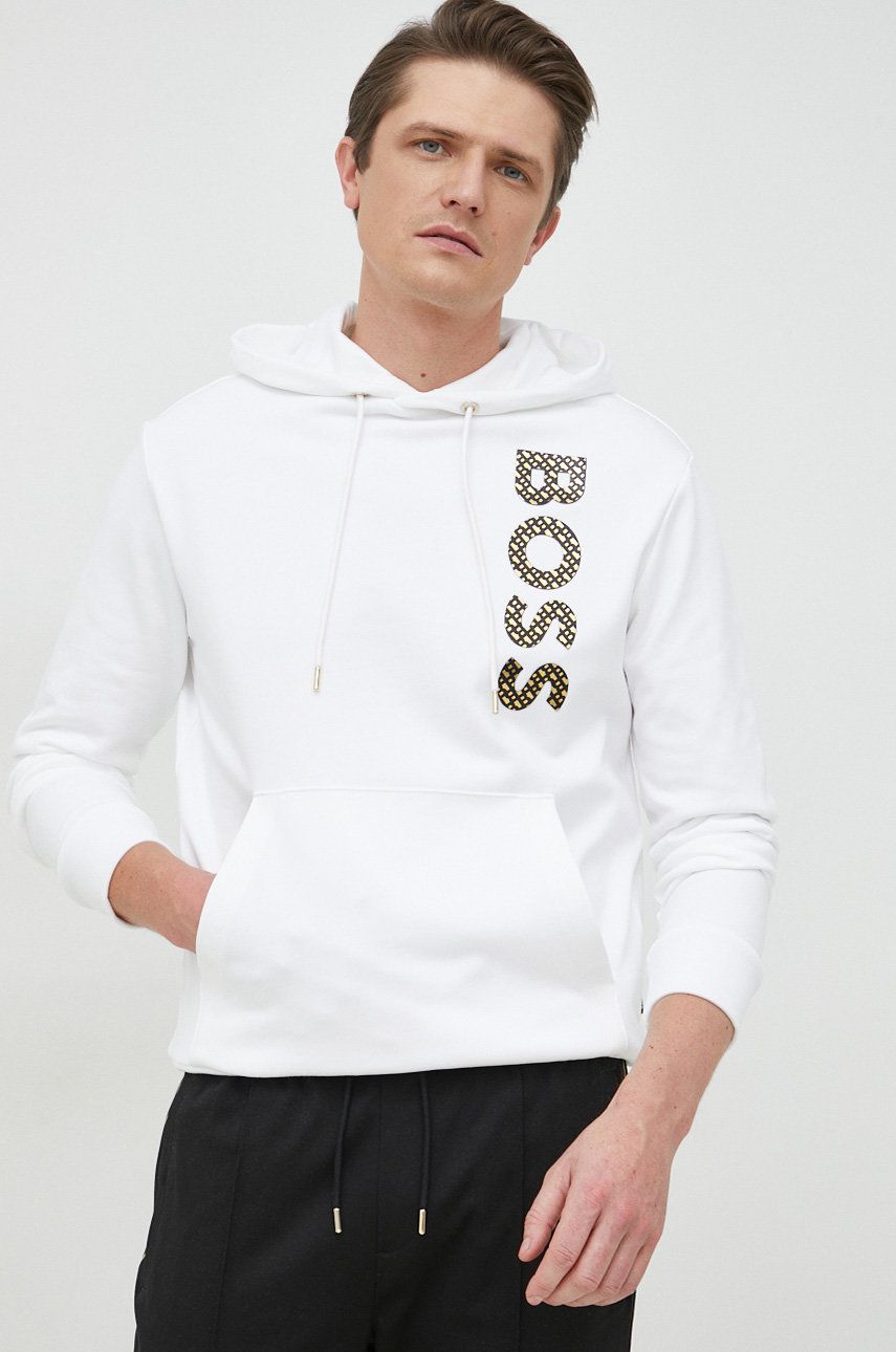 BOSS hanorac de bumbac barbati, culoarea alb, cu glugă, cu imprimeu BOSS hanorac de bumbac barbati, culoarea alb, cu glugă, cu imprimeu
