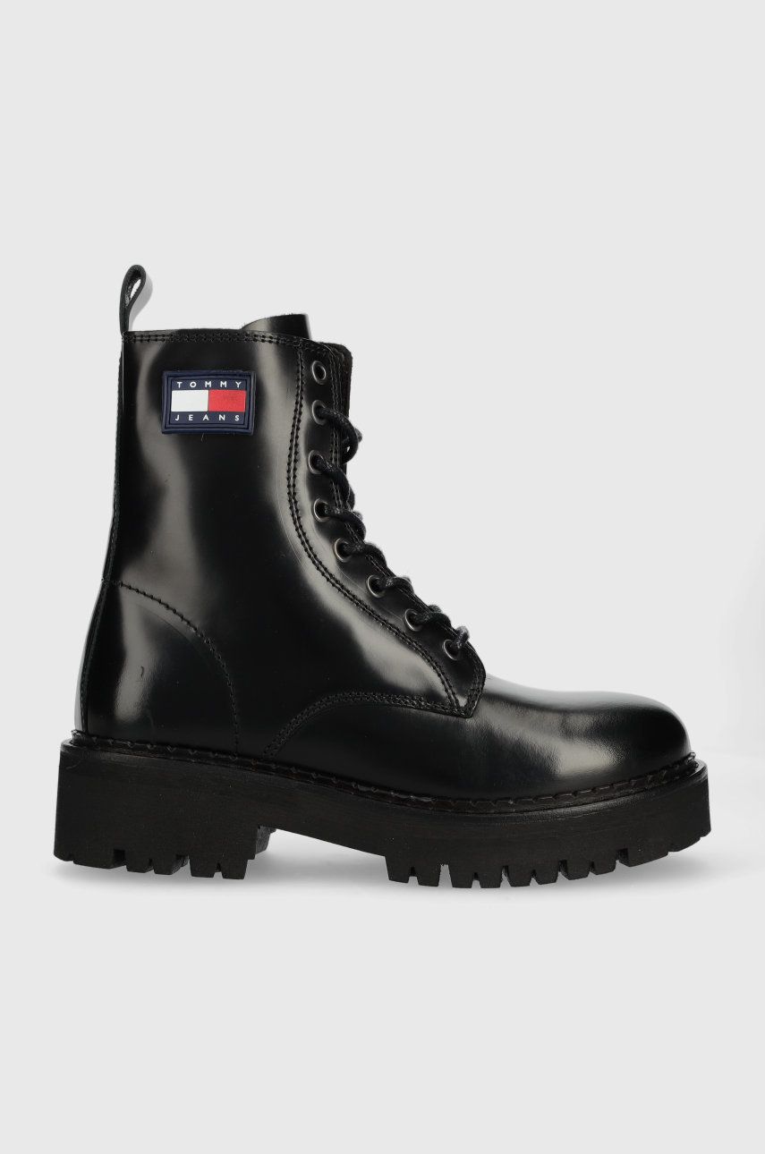 Tommy Jeans bocanci de piele Urban Tommy Jeans Lace Up Boot femei, culoarea negru, cu platforma Tommy Jeans bocanci de piele Urban Tommy Jeans Lace Up Boot femei, culoarea negru, cu platforma