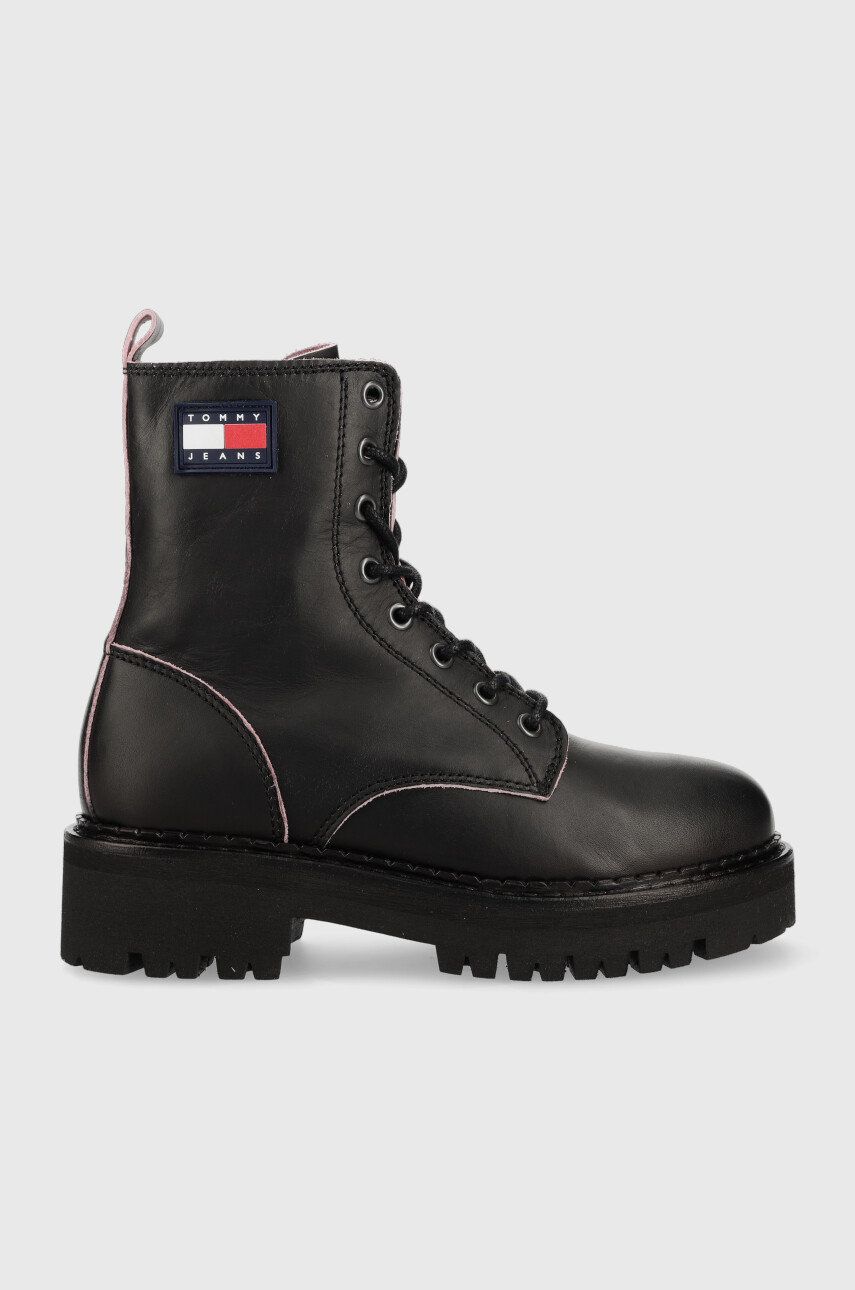 Tommy Jeans bocanci Urban Tommy Jeans Piping Boot femei, culoarea negru, cu platforma Tommy Jeans bocanci Urban Tommy Jeans Piping Boot femei, culoarea negru, cu platforma