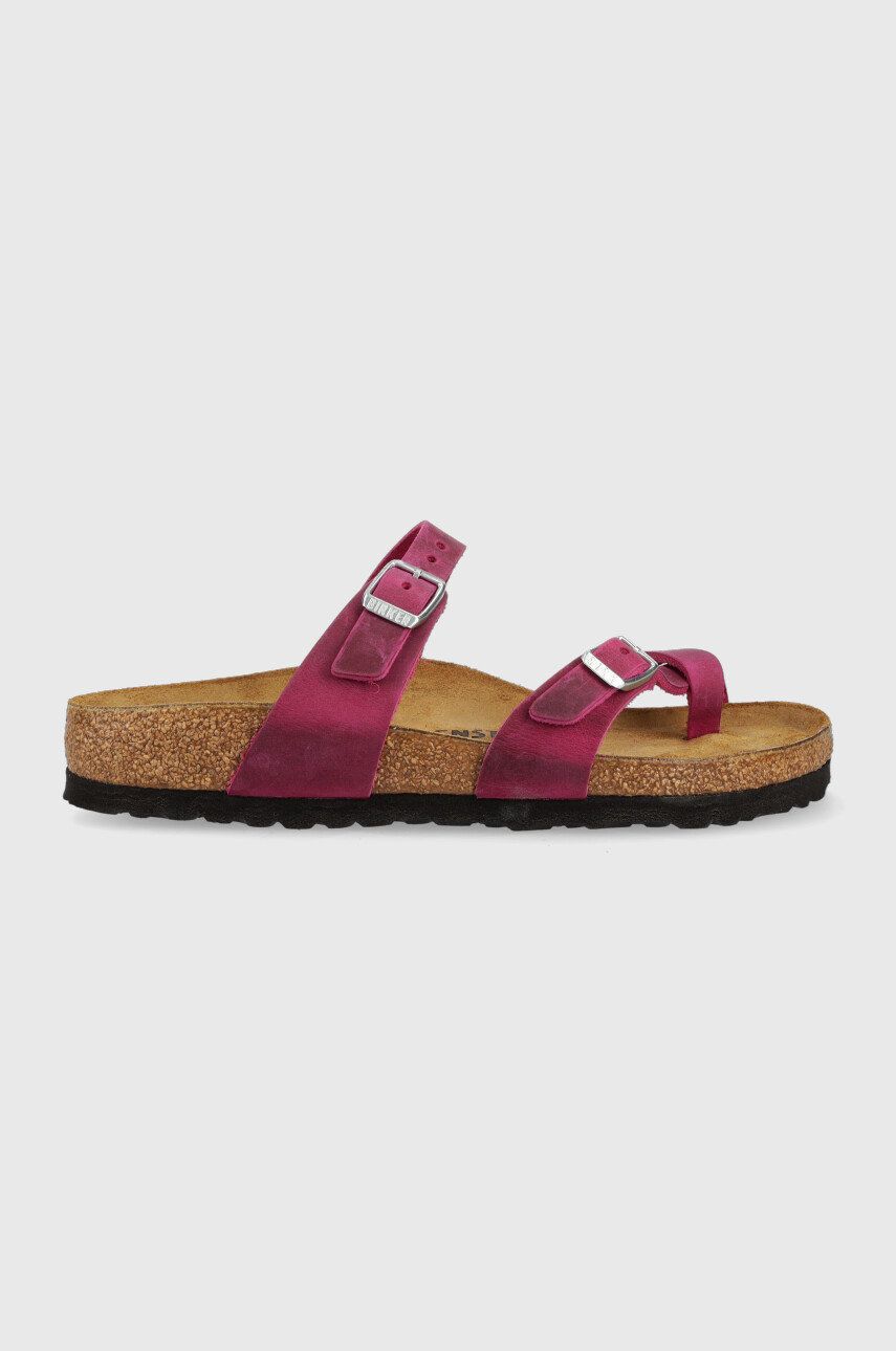 Birkenstock papuci din piele Mayari femei, culoarea violet, cu toc plat Birkenstock papuci din piele Mayari femei, culoarea violet, cu toc plat