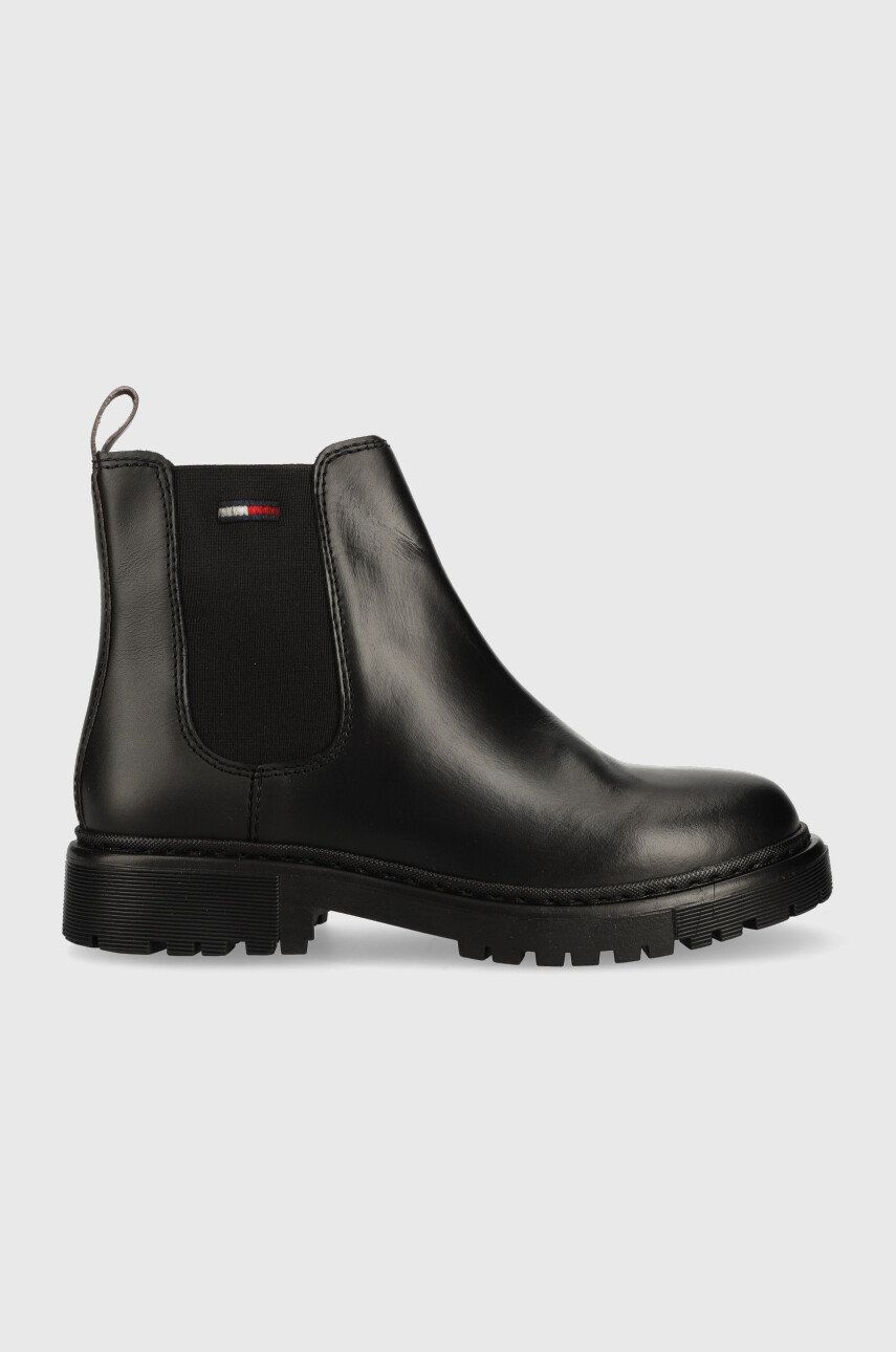 Tommy Jeans ghete chelsea de piele Tommy Jeans Flat Chelsea femei, culoarea negru, cu toc plat Tommy Jeans ghete chelsea de piele Tommy Jeans Flat Chelsea femei, culoarea negru, cu toc plat