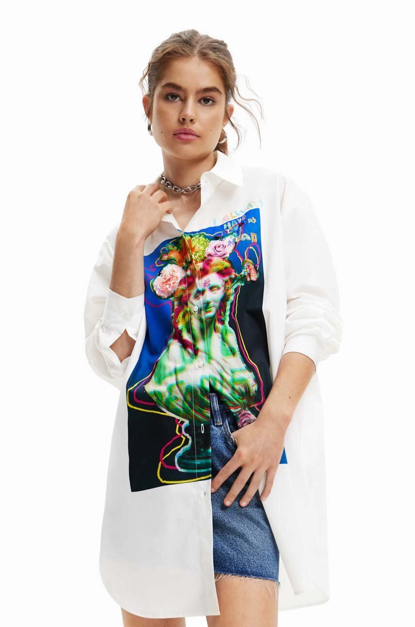 Desigual camasa din bumbac femei, culoarea alb, cu guler clasic, relaxed Desigual camasa din bumbac femei, culoarea alb, cu guler clasic, relaxed