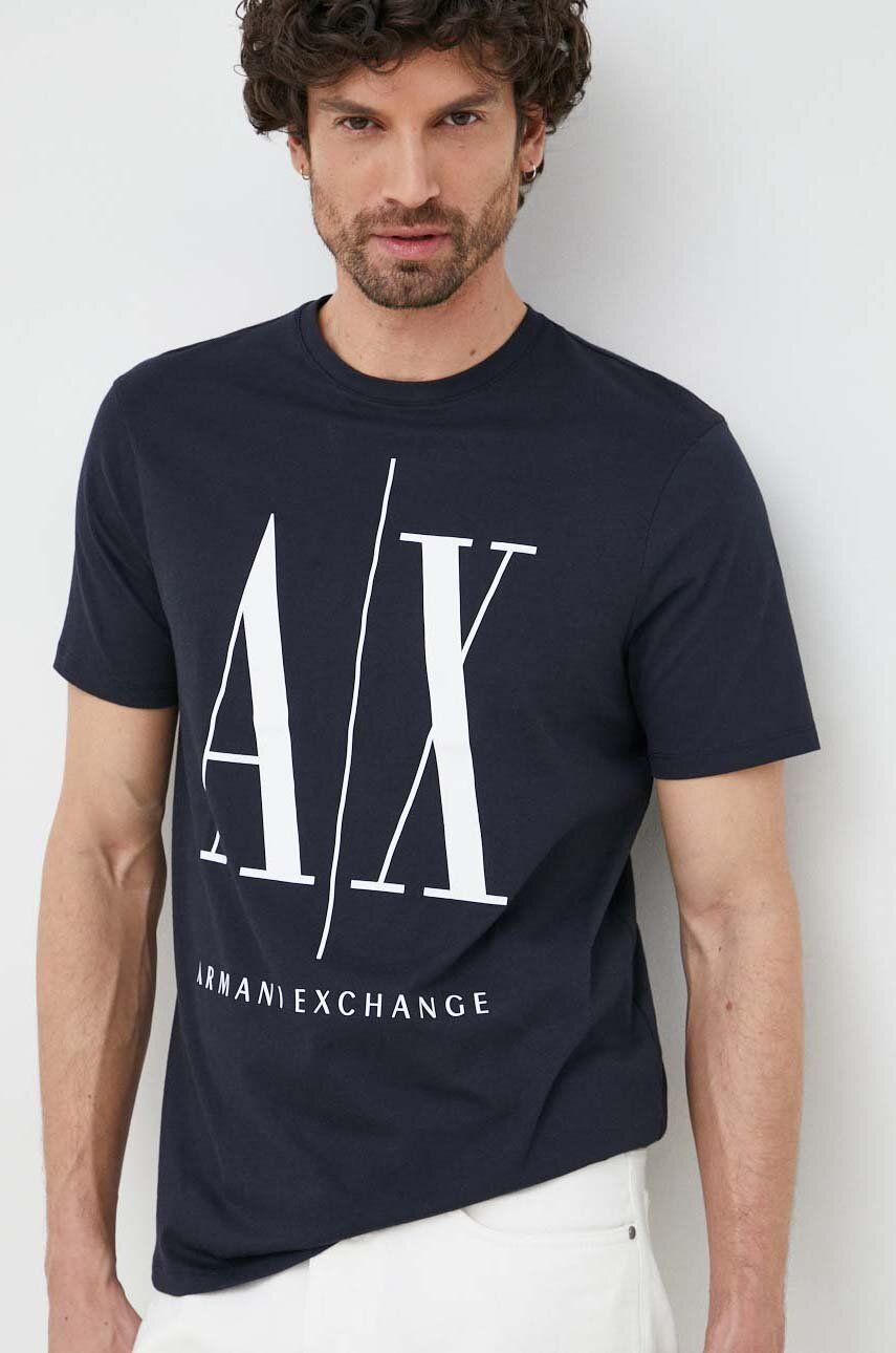 Armani Exchange tricou din bumbac Culoarea albastru marin, cu imprimeu Armani Exchange tricou din bumbac Culoarea albastru marin, cu imprimeu