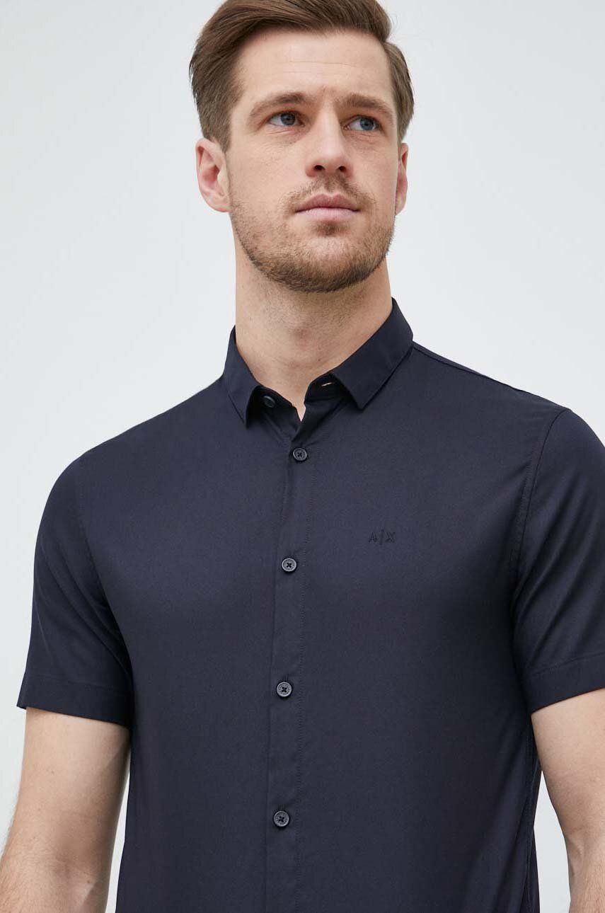 Armani Exchange camasa barbati, culoarea albastru marin, cu guler clasic, regular Armani Exchange camasa barbati, culoarea albastru marin, cu guler clasic, regular