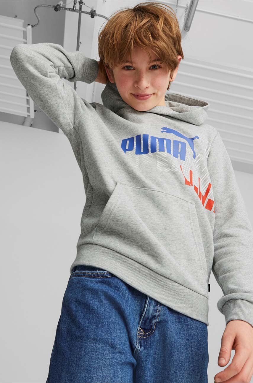 Puma bluza copii ESS+ LOGO POWER Hoodie TR B culoarea gri, cu glugă, cu imprimeu Puma bluza copii ESS+ LOGO POWER Hoodie TR B culoarea gri, cu glugă, cu imprimeu
