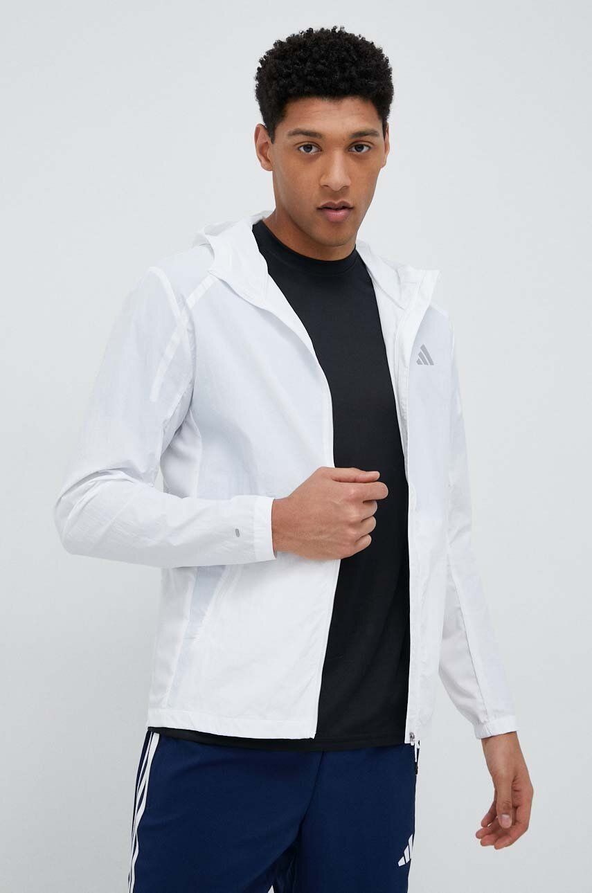 adidas Performance windbreaker Marathon culoarea alb, de tranzitie adidas Performance windbreaker Marathon culoarea alb, de tranzitie