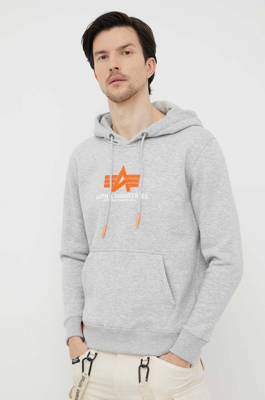 Alpha Industries bluză bărbați, culoarea gri, cu glugă, cu imprimeu Alpha Industries bluză bărbați, culoarea gri, cu glugă, cu imprimeu