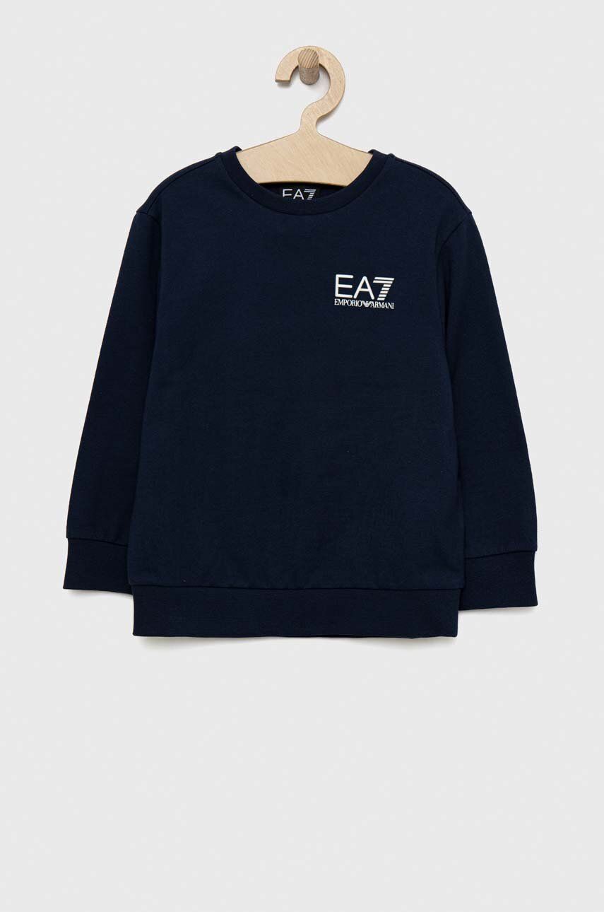 EA7 Emporio Armani hanorac de bumbac pentru copii culoarea albastru marin, cu imprimeu EA7 Emporio Armani hanorac de bumbac pentru copii culoarea albastru marin, cu imprimeu