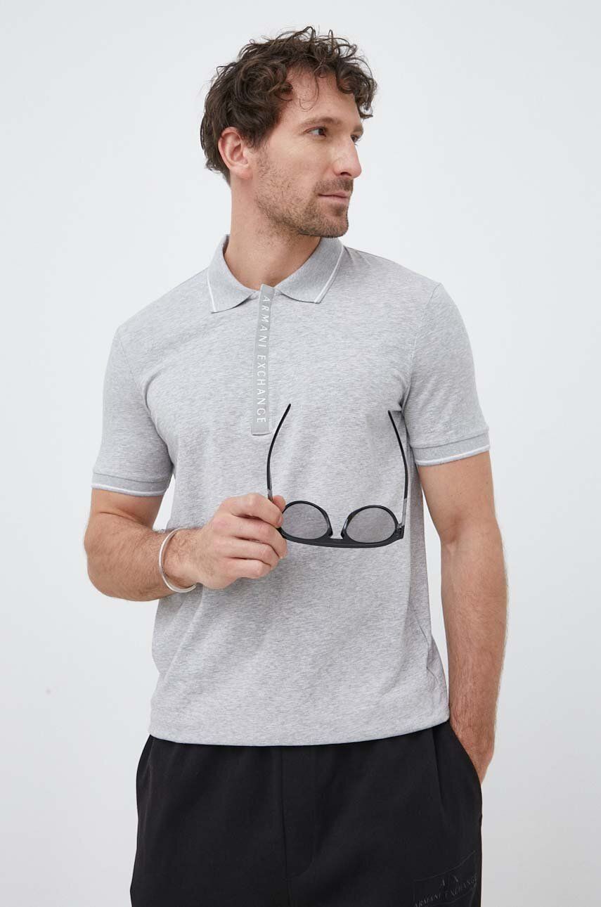 Armani Exchange tricou polo barbati, culoarea gri, cu imprimeu Armani Exchange tricou polo barbati, culoarea gri, cu imprimeu