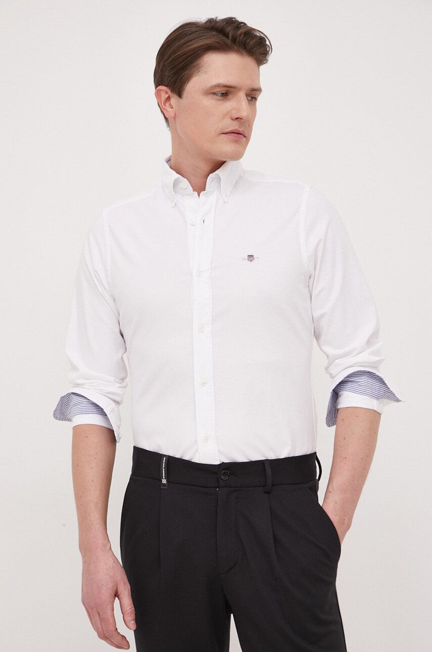 Gant camasa din bumbac barbati, culoarea alb, cu guler button-down, slim Gant camasa din bumbac barbati, culoarea alb, cu guler button-down, slim