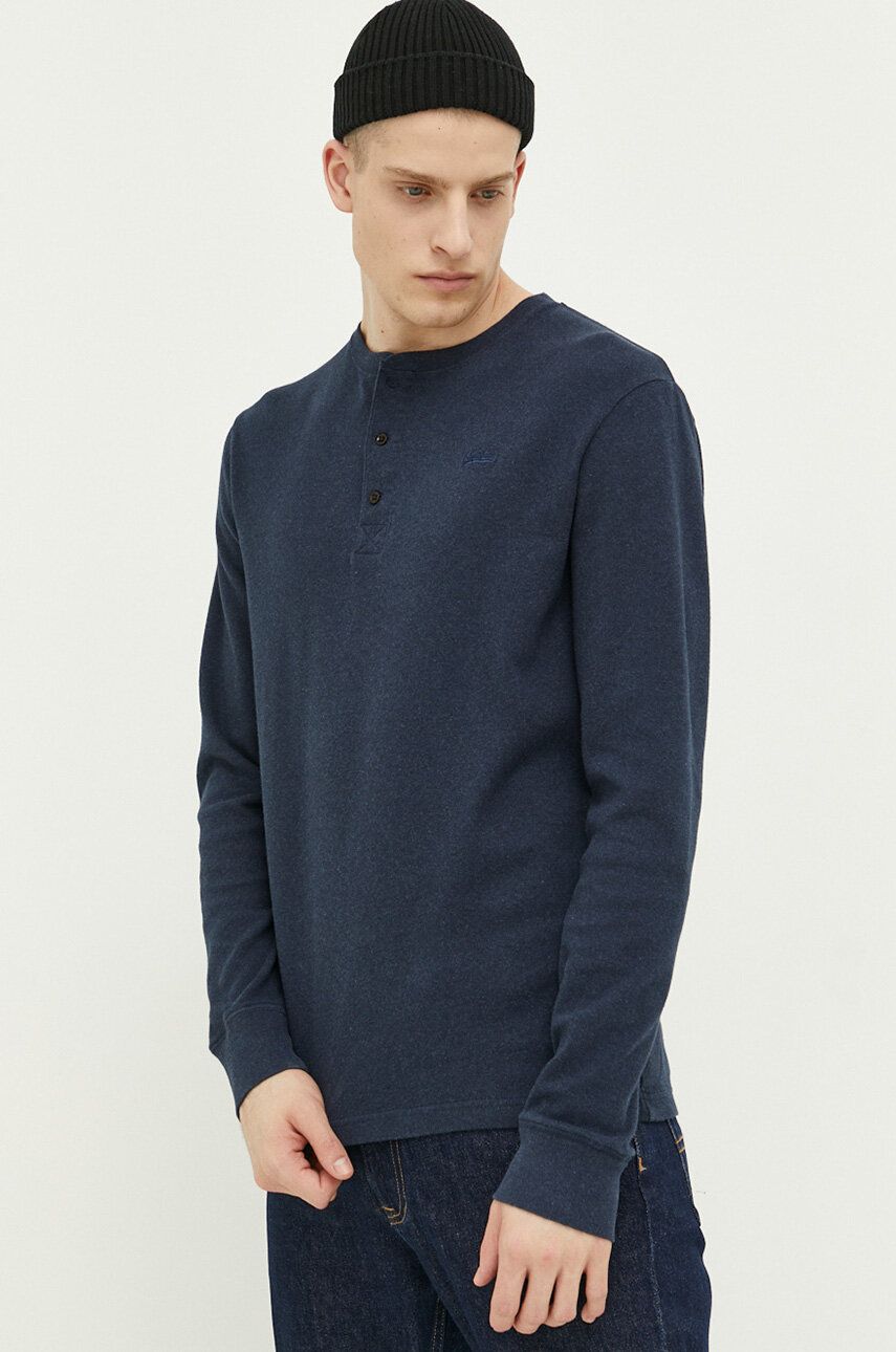Superdry longsleeve din bumbac culoarea albastru marin, neted Superdry longsleeve din bumbac culoarea albastru marin, neted