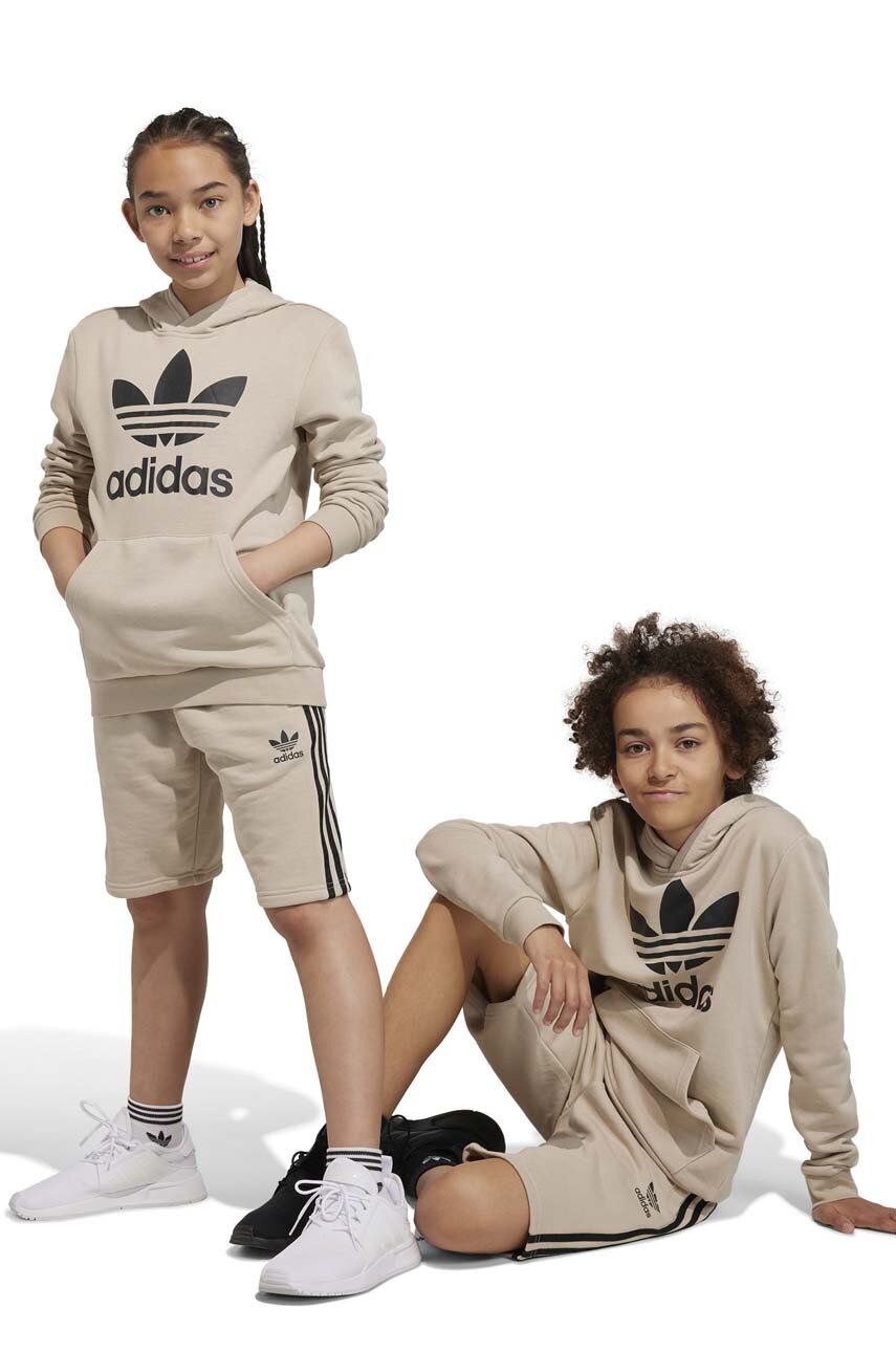 adidas Originals bluza copii TREFOIL culoarea bej, cu glugă, cu imprimeu adidas Originals bluza copii TREFOIL culoarea bej, cu glugă, cu imprimeu