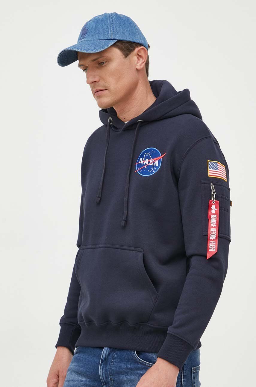 Alpha Industries bluză Space Shuttle Hoody bărbați, culoarea bleumarin, cu glugă, cu imprimeu 178317.07-navy Alpha Industries bluză Space Shuttle Hoody bărbați, culoarea bleumarin, cu glugă, cu imprimeu 178317.07-navy