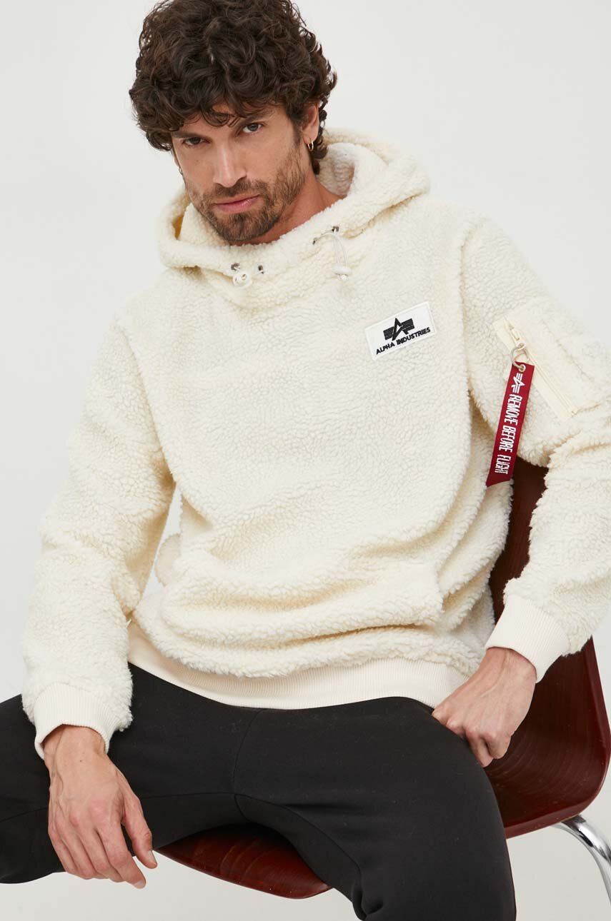 Alpha Industries bluză Teddy Hoody bărbați, culoarea bej, cu glugă, cu imprimeu 118330.16-cream Alpha Industries bluză Teddy Hoody bărbați, culoarea bej, cu glugă, cu imprimeu 118330.16-cream