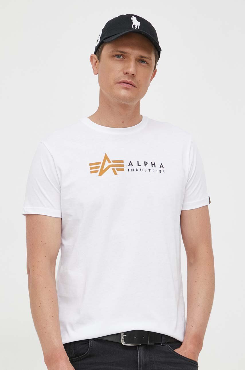 Alpha Industries tricou din bumbac Koszulka Alpha Industries Alpha Label T 118502 09 culoarea alb, cu imprimeu 118502.09-white Alpha Industries tricou din bumbac Koszulka Alpha Industries Alpha Label T 118502 09 culoarea alb, cu imprimeu 118502.09-white