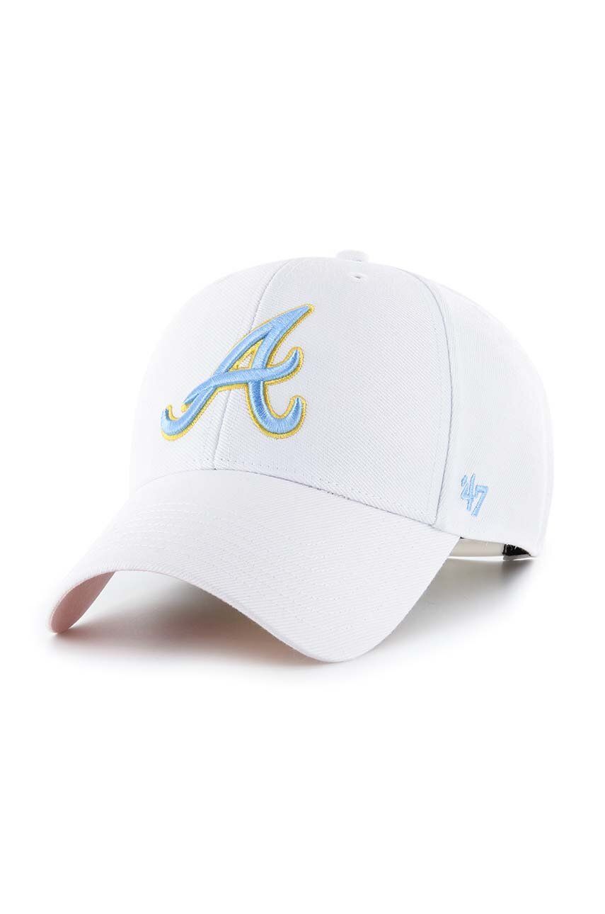 47brand șapcă din amestec de lana MLB Atlanta Braves culoarea alb, cu imprimeu 47brand șapcă din amestec de lana MLB Atlanta Braves culoarea alb, cu imprimeu