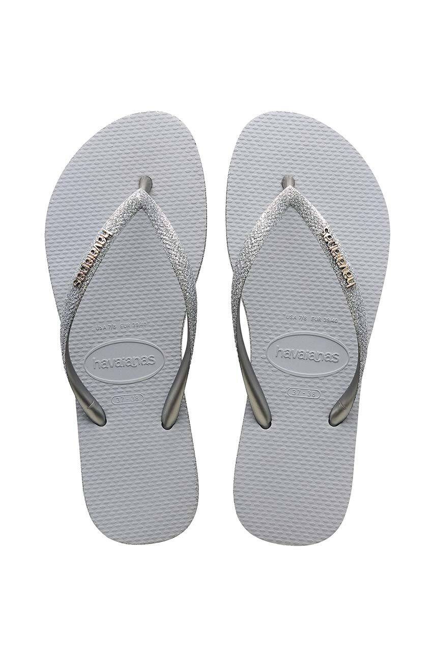 Havaianas slapi SLIM SPARKLE II femei, culoarea gri, cu toc plat, 4146937.3498 Havaianas slapi SLIM SPARKLE II femei, culoarea gri, cu toc plat, 4146937.3498