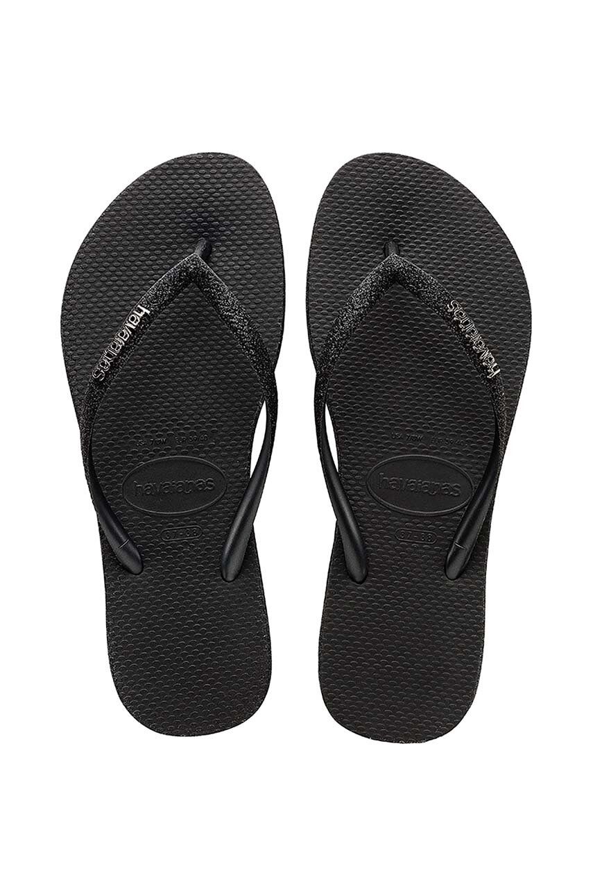 Havaianas slapi SLIM SPARKLE II femei, culoarea negru, cu toc plat, 4146093.0090 Havaianas slapi SLIM SPARKLE II femei, culoarea negru, cu toc plat, 4146093.0090