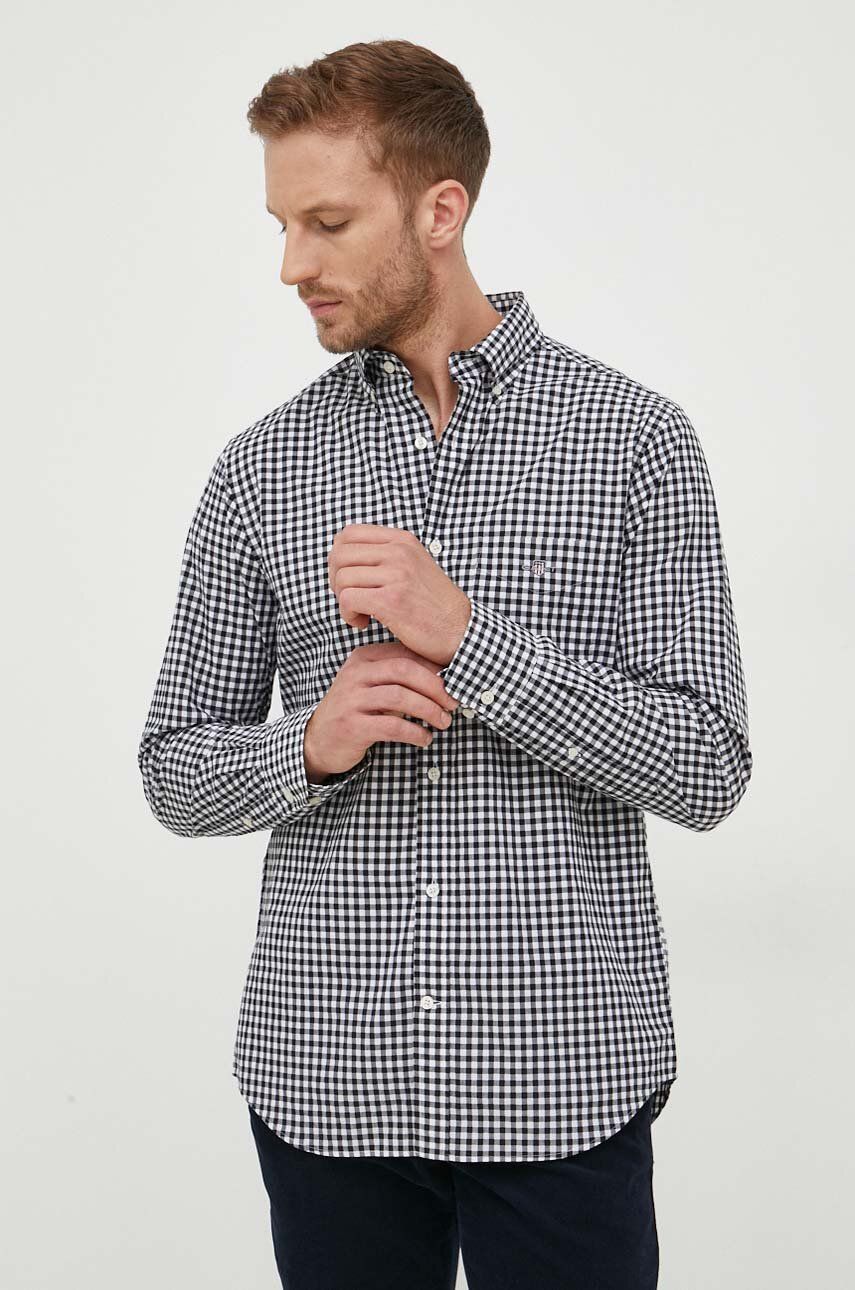 Gant camasa din bumbac barbati, culoarea negru, cu guler button-down, regular Gant camasa din bumbac barbati, culoarea negru, cu guler button-down, regular