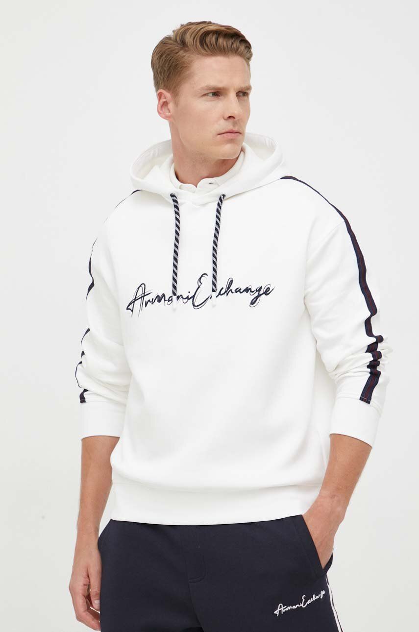 Armani Exchange bluza barbati, culoarea bej, cu glugă, cu imprimeu Armani Exchange bluza barbati, culoarea bej, cu glugă, cu imprimeu