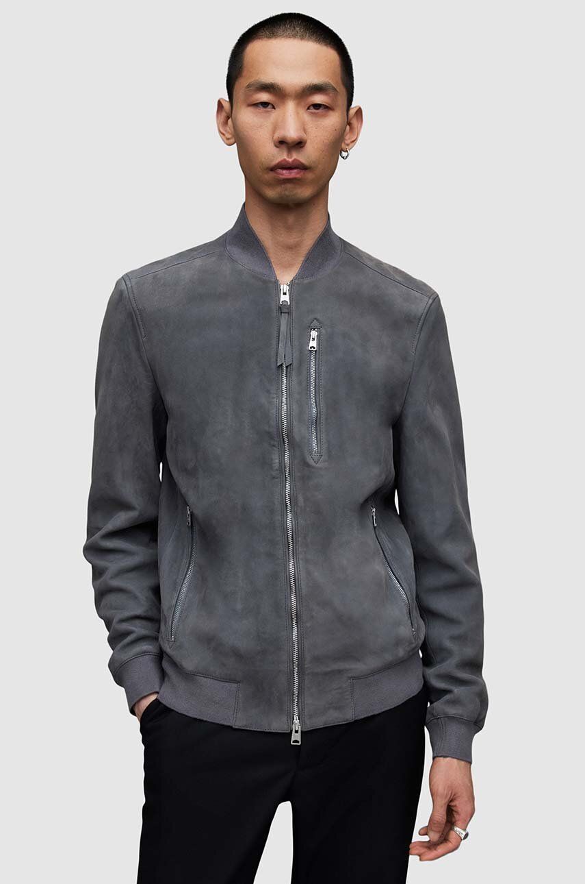 AllSaints geaca ramones de piele barbati, culoarea gri, de tranzitie AllSaints geaca ramones de piele barbati, culoarea gri, de tranzitie
