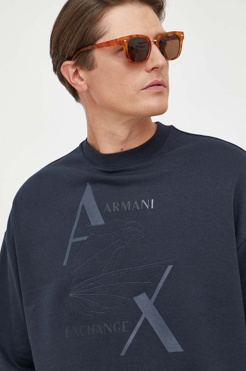 Armani Exchange hanorac de bumbac barbati, culoarea albastru marin, cu imprimeu Armani Exchange hanorac de bumbac barbati, culoarea albastru marin, cu imprimeu