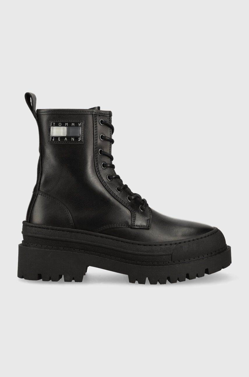 Tommy Jeans bocanci de piele TJW FOXING LACE UP femei, culoarea negru, cu toc plat, EN0EN02217 Tommy Jeans bocanci de piele TJW FOXING LACE UP femei, culoarea negru, cu toc plat, EN0EN02217