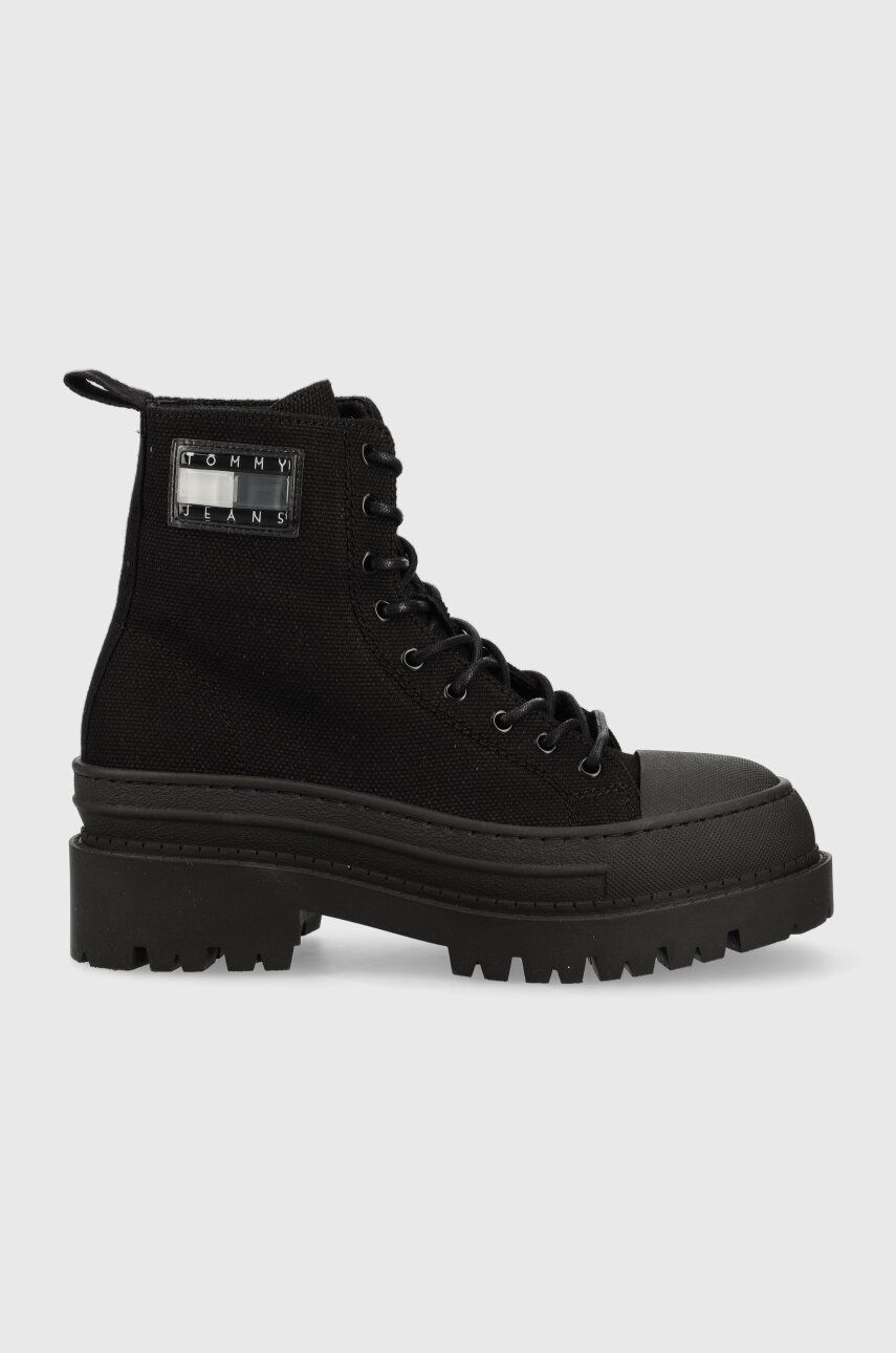Tommy Jeans botine TJW FOXING CANVAS BOOT femei, culoarea negru, cu platforma, EN0EN02216 Tommy Jeans botine TJW FOXING CANVAS BOOT femei, culoarea negru, cu platforma, EN0EN02216
