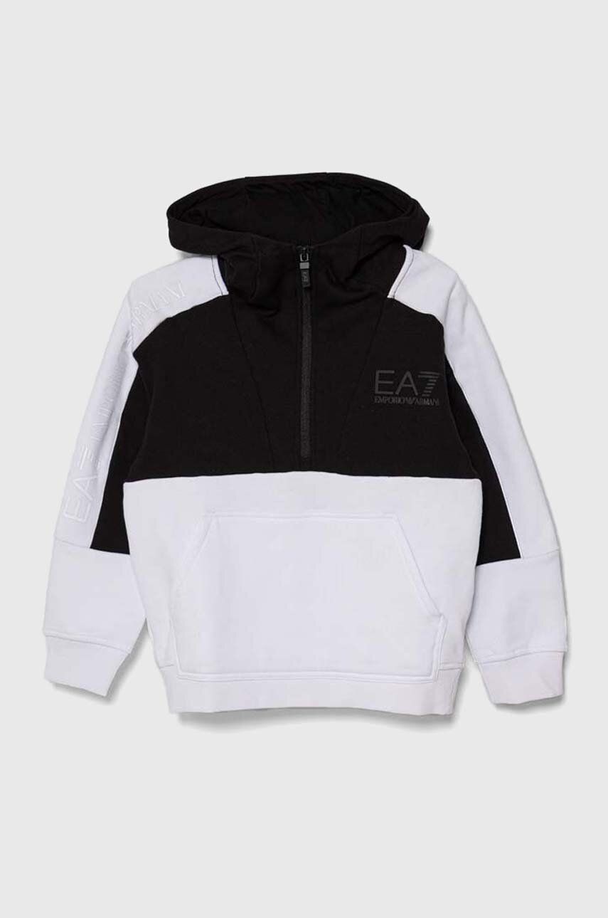 EA7 Emporio Armani bluza copii culoarea alb, cu glugă, modelator EA7 Emporio Armani bluza copii culoarea alb, cu glugă, modelator