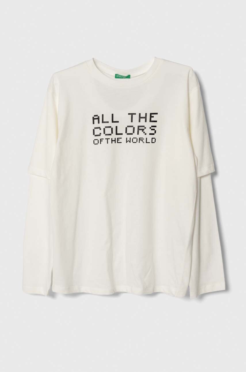 United Colors of Benetton longsleeve din bumbac pentru copii culoarea alb, cu imprimeu United Colors of Benetton longsleeve din bumbac pentru copii culoarea alb, cu imprimeu