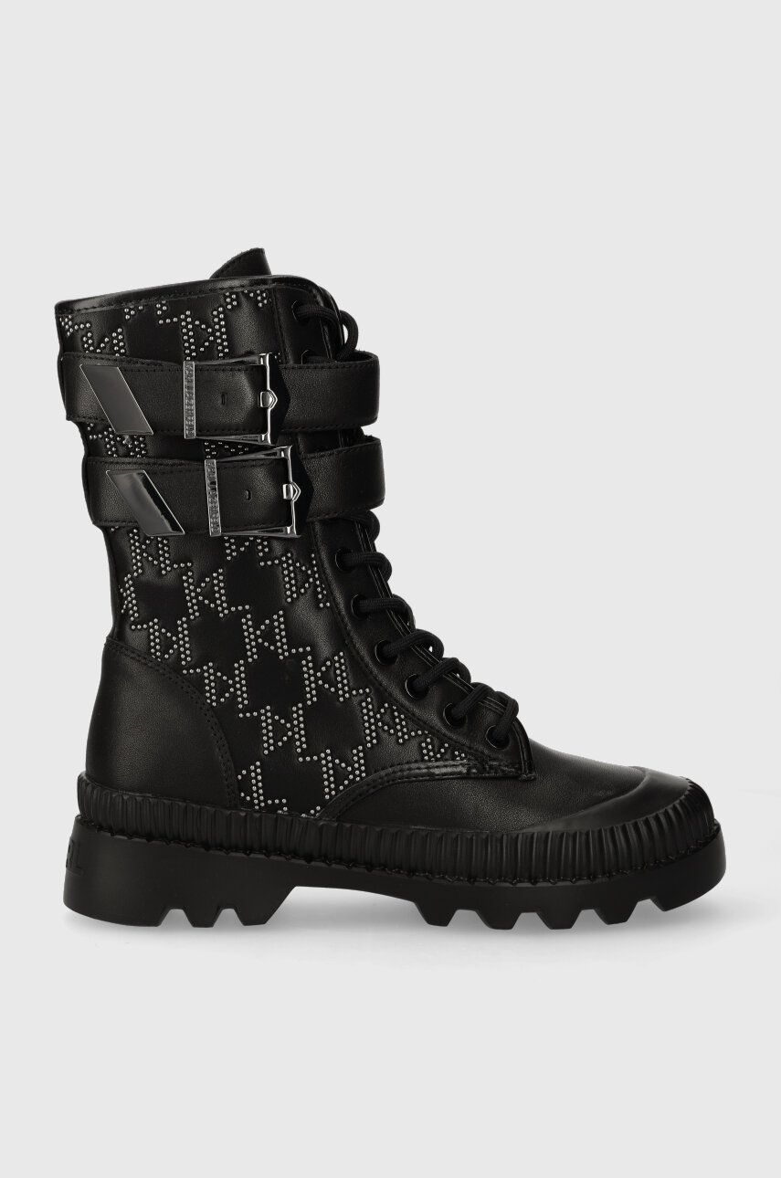 Karl Lagerfeld bocanci de piele TREKKA II KC femei, culoarea negru, cu toc plat, KL42586F Karl Lagerfeld bocanci de piele TREKKA II KC femei, culoarea negru, cu toc plat, KL42586F