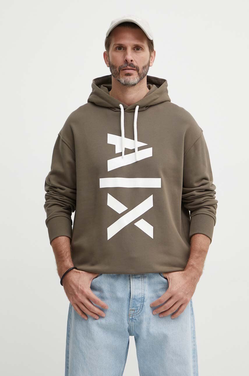 Armani Exchange hanorac de bumbac barbati, culoarea verde, cu glugă, cu imprimeu Armani Exchange hanorac de bumbac barbati, culoarea verde, cu glugă, cu imprimeu