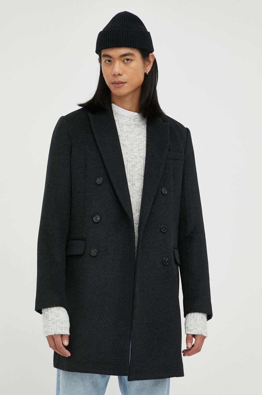 Bruuns Bazaar palton din lana culoarea negru, de tranzitie, cu doua randuri de nasturi Bruuns Bazaar palton din lana culoarea negru, de tranzitie, cu doua randuri de nasturi