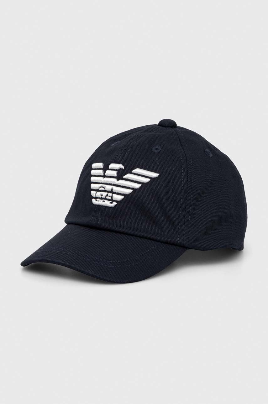 Emporio Armani șapcă din bumbac pentru copii culoarea albastru marin, cu imprimeu Emporio Armani șapcă din bumbac pentru copii culoarea albastru marin, cu imprimeu