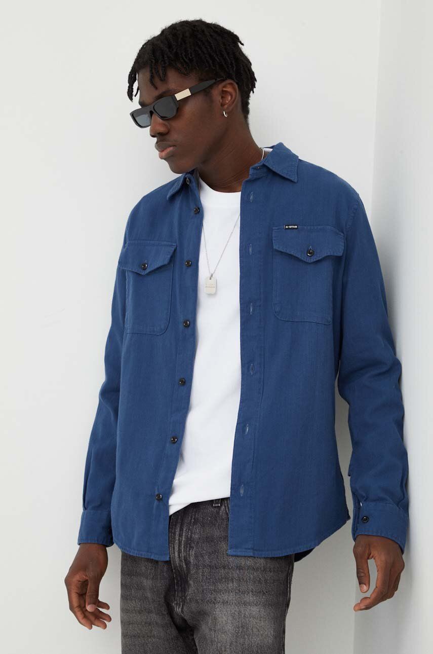 G-Star Raw camasa din bumbac barbati, culoarea albastru marin, cu guler clasic, slim G-Star Raw camasa din bumbac barbati, culoarea albastru marin, cu guler clasic, slim